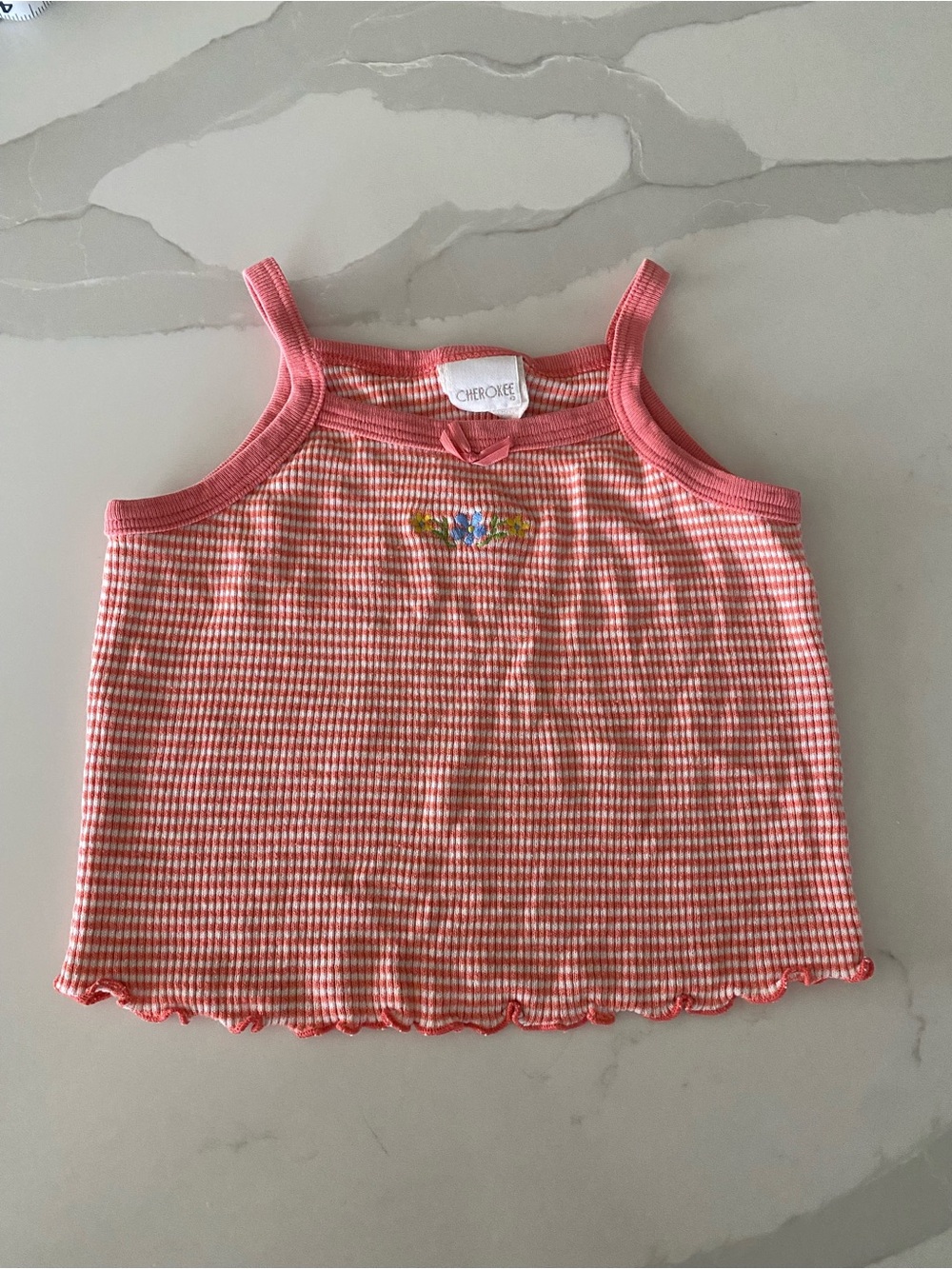 Vtg 90’s Cherokee Girls Striped Ribbed Floral Embroidered Tank Top w/ Bow 2T